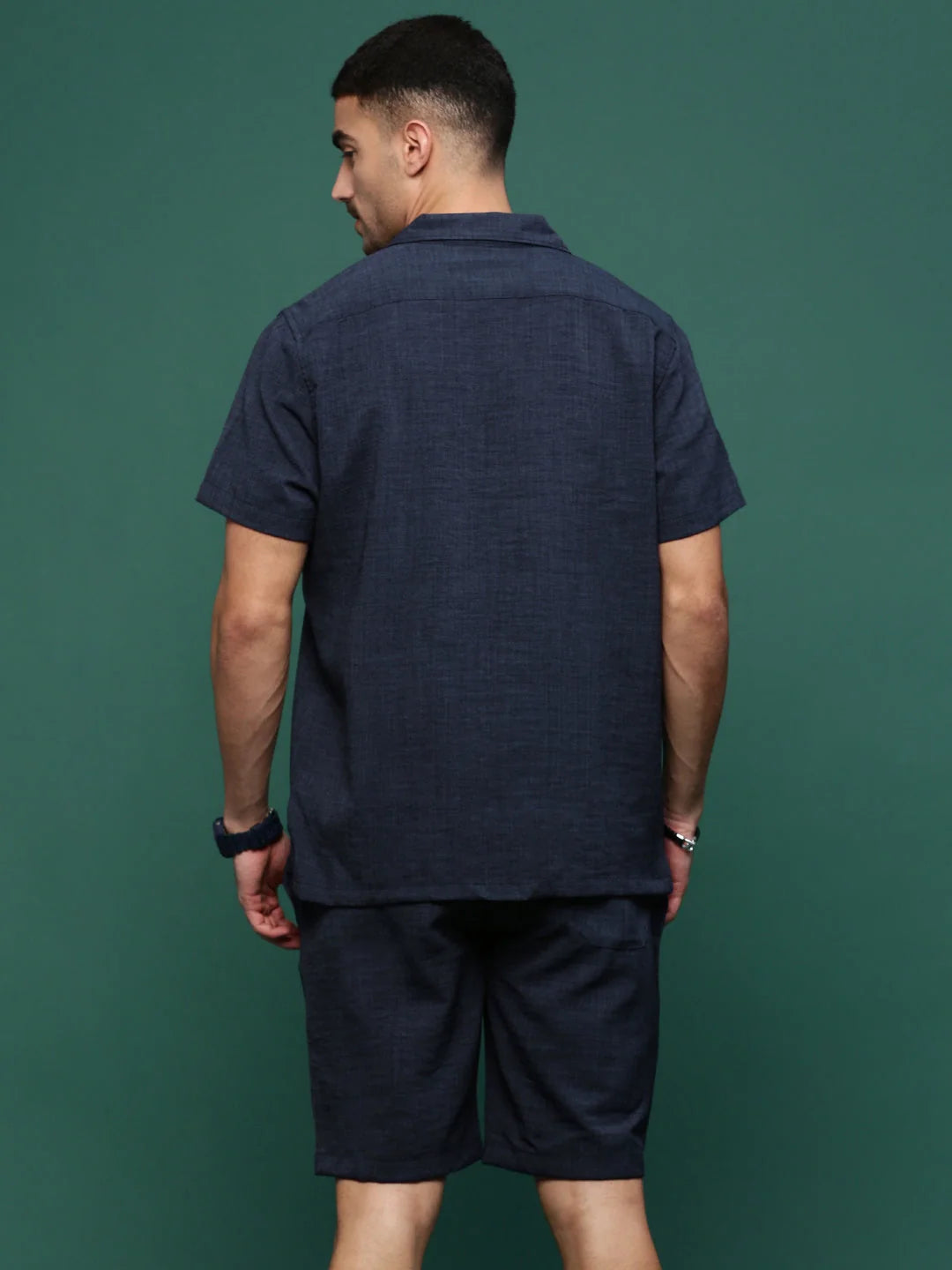 Men's Navy Blue Solid Co Ord Set | Cuban Collar Two Piece