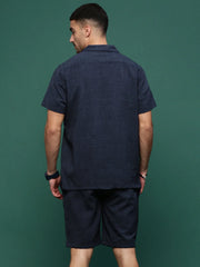 Men Navy Blue Cuban Collar Solid Co Ords Set-Jethro-3277-Navyblue