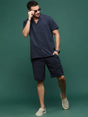 Men Navy Blue Cuban Collar Solid Co Ords Set-Jethro-3277-Navyblue