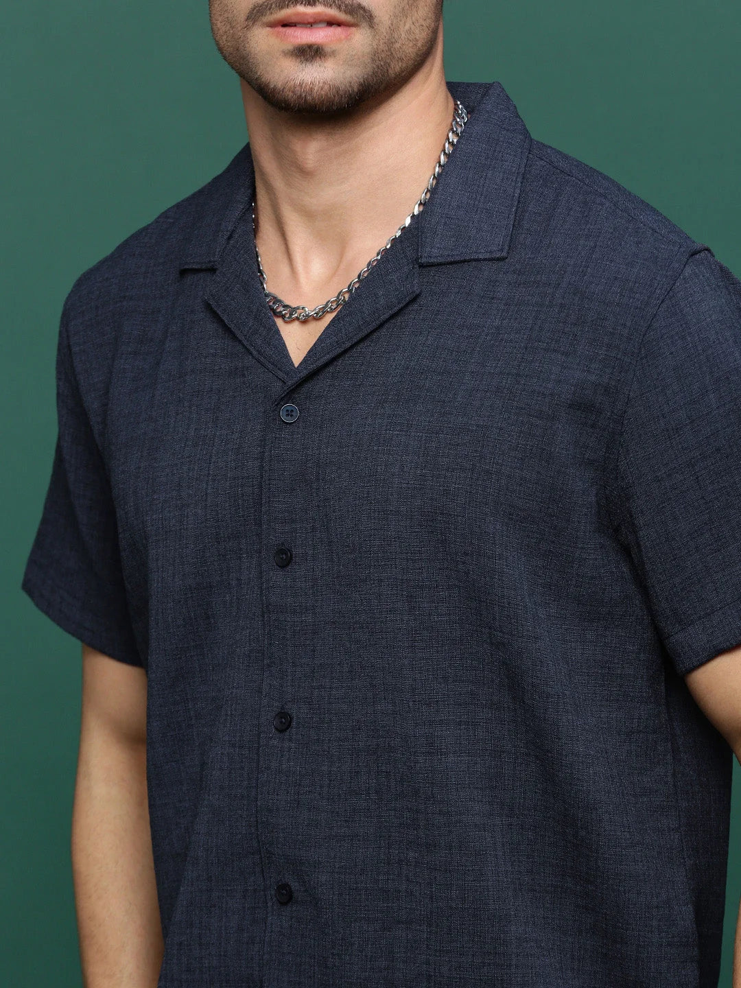 Men's Navy Blue Solid Co Ord Set | Cuban Collar Two Piece