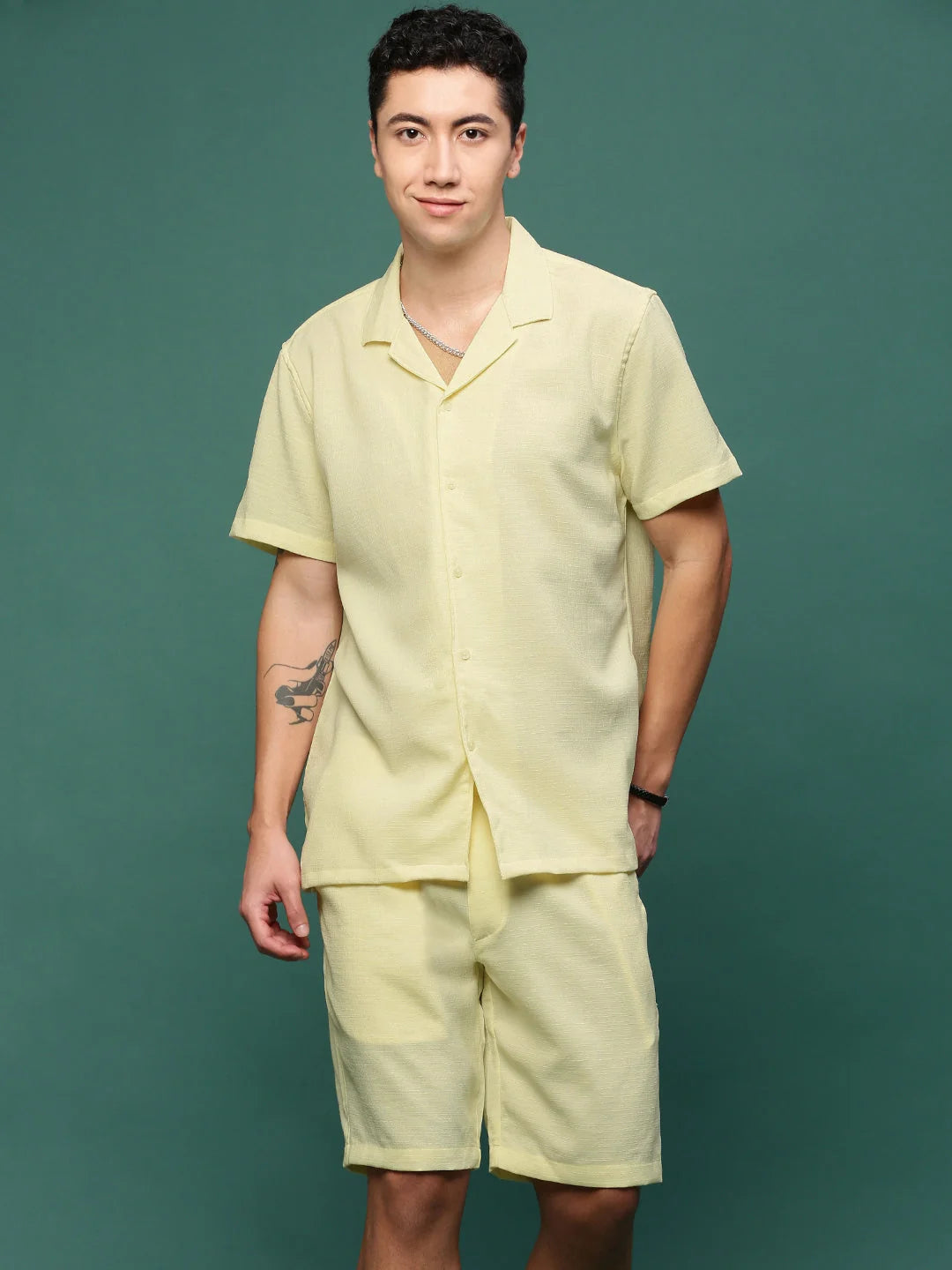 Men's Yellow Solid Co Ord Set | Cuban Collar, Cotton Fabric