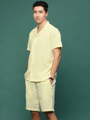 Men Yellow Cuban Collar Solid Co Ords Set-Jethro-3280-Yellow