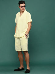 Men Yellow Cuban Collar Solid Co Ords Set-Jethro-3280-Yellow