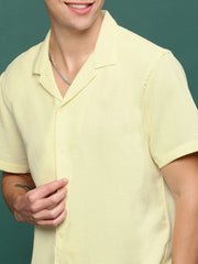 Men Yellow Cuban Collar Solid Co Ords Set-Jethro-3280-Yellow