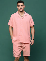 Men Peach Cuban Collar Solid Co Ords Set-Jethro-3281-Peach
