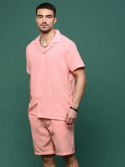 Men Peach Cuban Collar Solid Co Ords Set-Jethro-3281-Peach