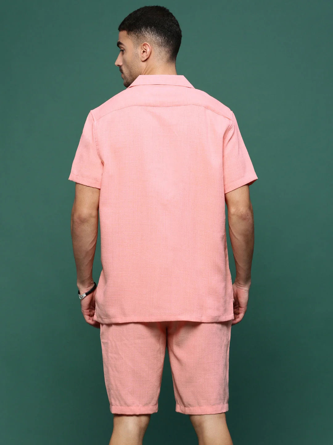 Peach Solid Cotton Men's Co Ord Set | Cuban Collar Style