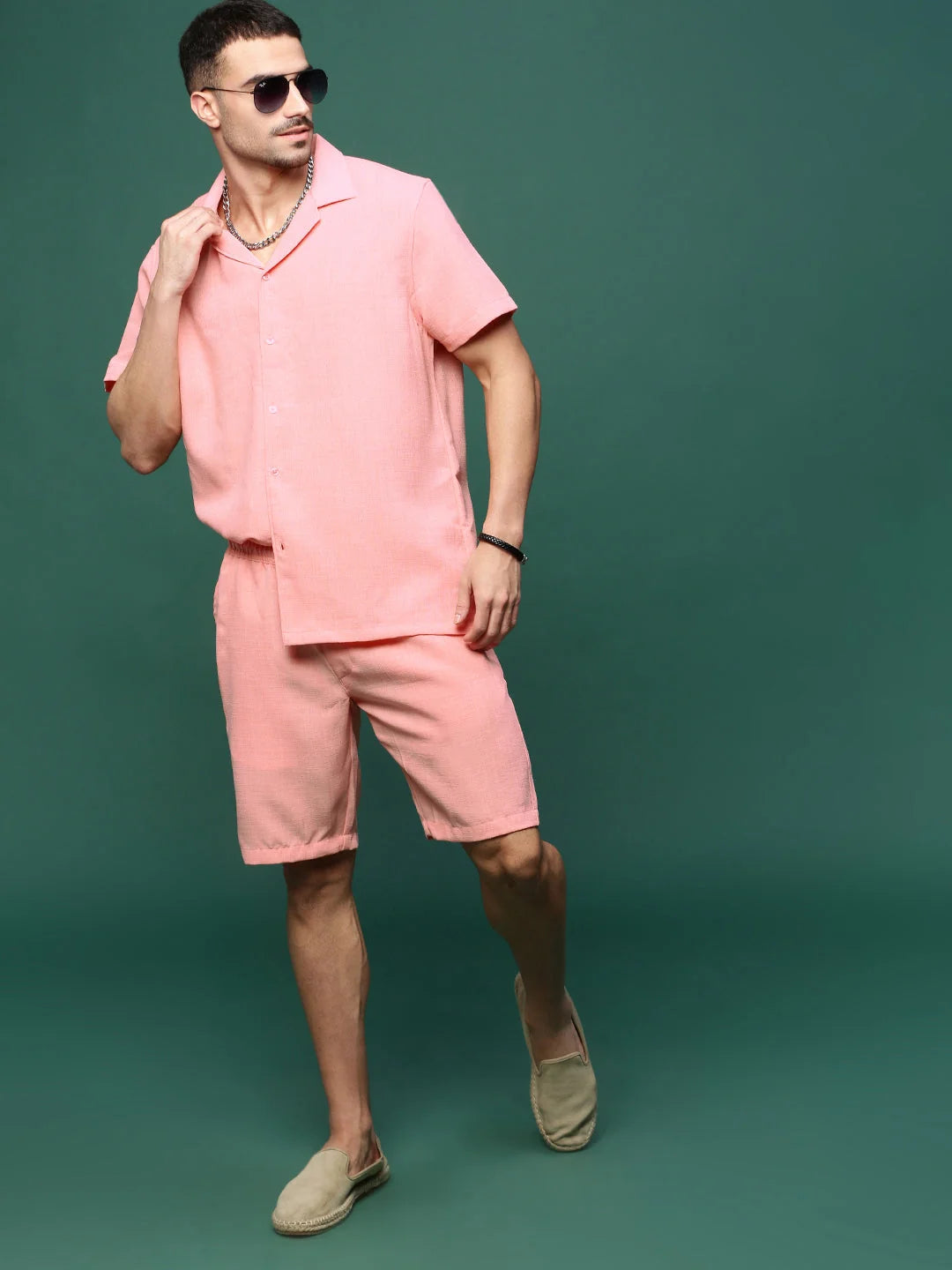 Peach Solid Cotton Men's Co Ord Set | Cuban Collar Style