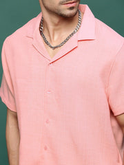 Men Peach Cuban Collar Solid Co Ords Set-Jethro-3281-Peach