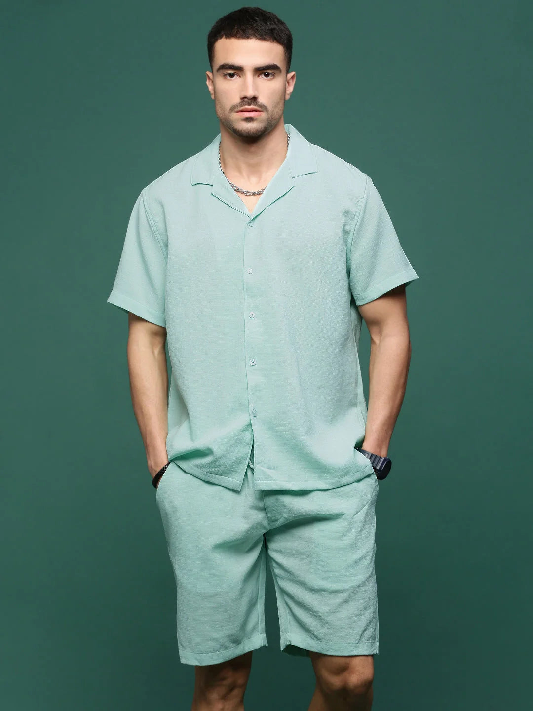 Sea Green Men's Co Ord Set | Solid Cotton Cuban Collar Style