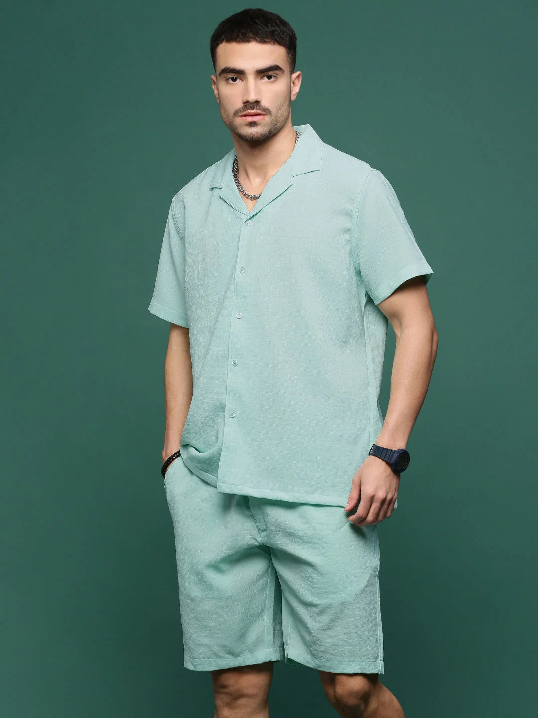 Sea Green Men's Co Ord Set | Solid Cotton Cuban Collar Style