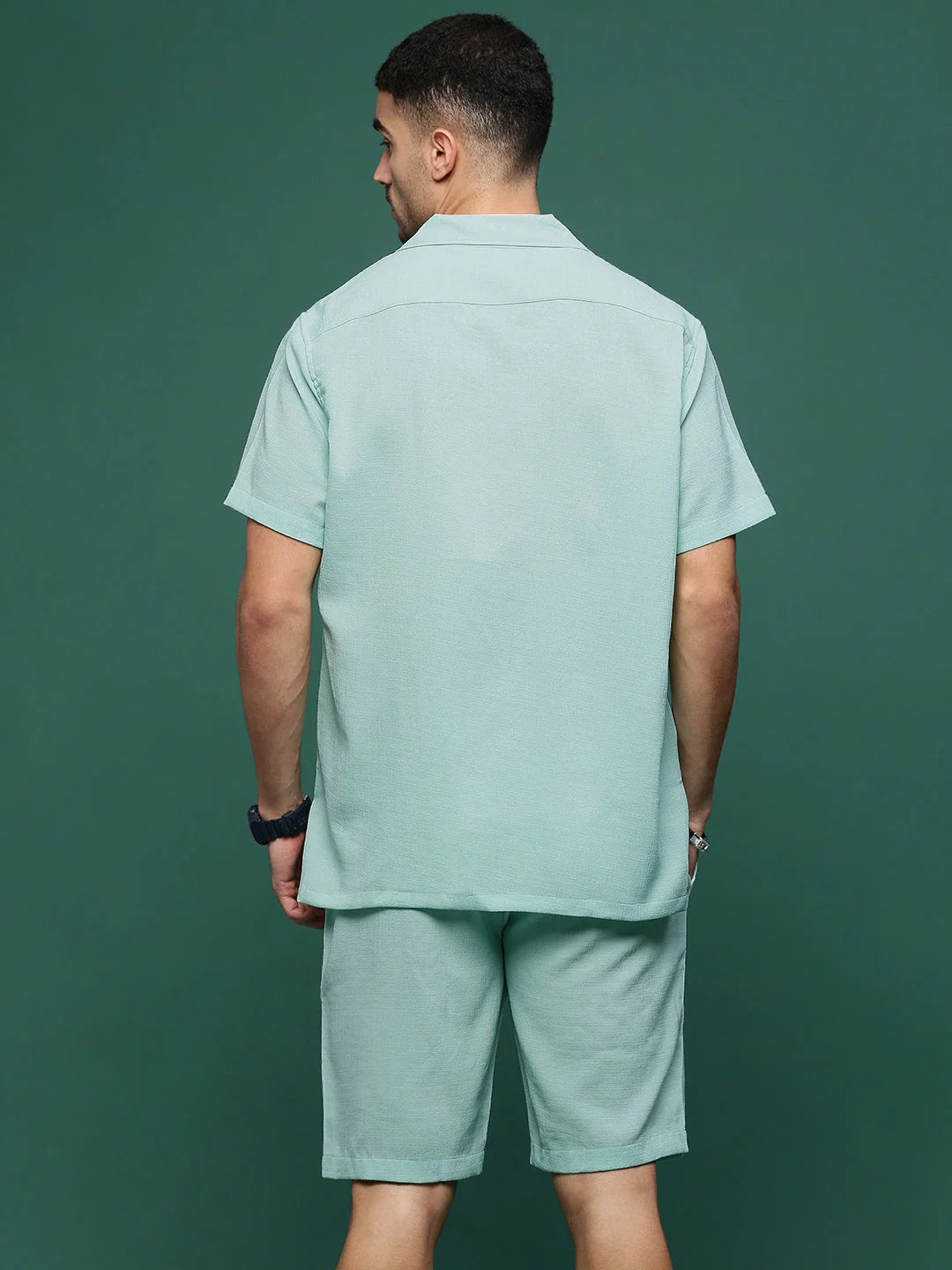 Sea Green Men's Co Ord Set | Solid Cotton Cuban Collar Style
