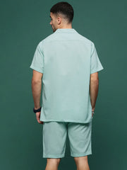 Men Sea Green Cuban Collar Solid Co Ords Set-Jethro-3282-Seagreen