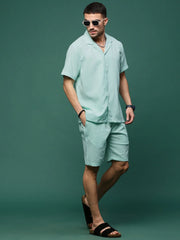 Men Sea Green Cuban Collar Solid Co Ords Set-Jethro-3282-Seagreen