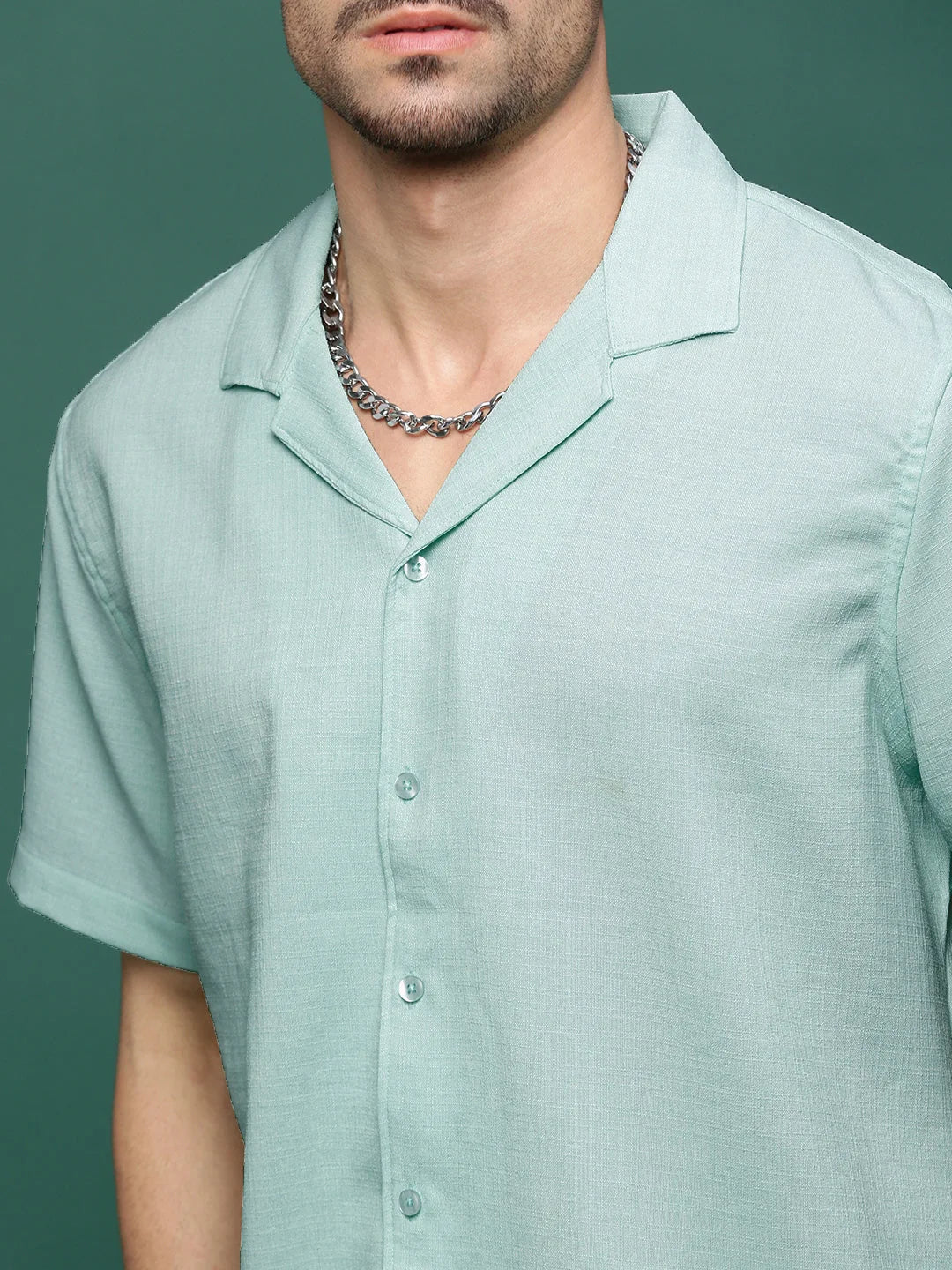 Sea Green Men's Co Ord Set | Solid Cotton Cuban Collar Style