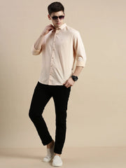 Men Spread Collar Solid Peach Shirt-Jetlagplain-5544-Peach