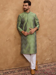 Ethnic Bay Men Green Silk Blend Geometric Printed Straight Kurta With Pant Set-MKSET1522