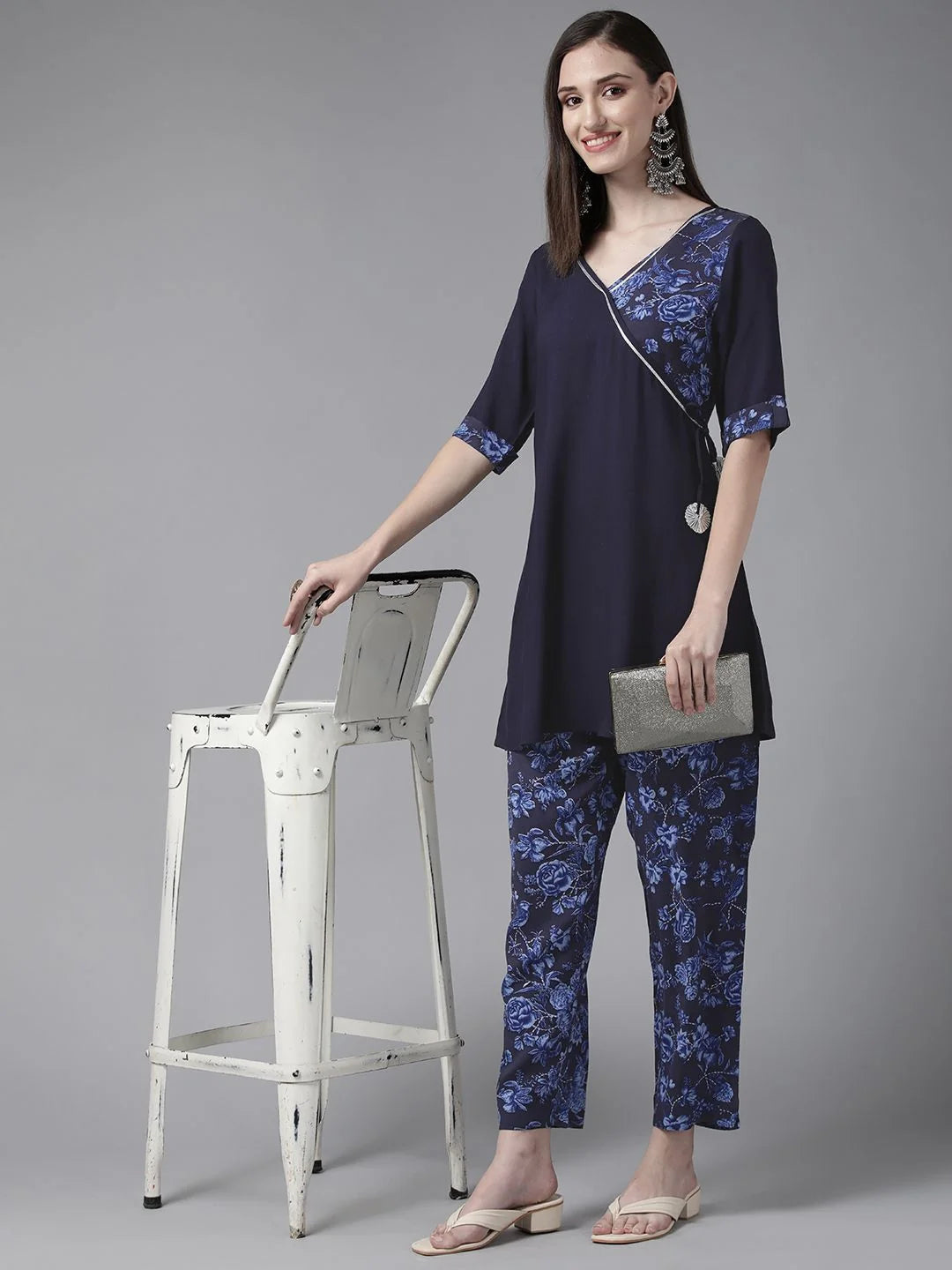 Navy Blue Printed Co ord Sets: Rayon Angrakha Tunic & Trousers