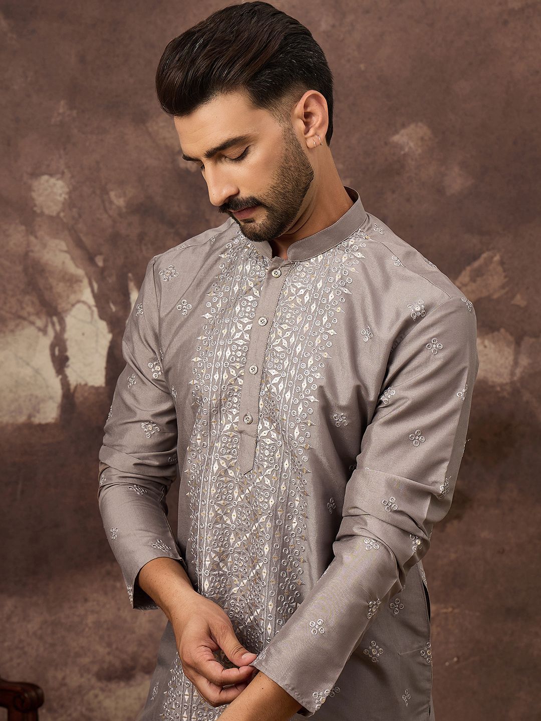 Ethnic Bay Men Grey Silk Blend Solid Embroidered Straight Kurta With Pant Set-MKSET1420