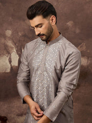 Ethnic Bay Men Grey Silk Blend Solid Embroidered Straight Kurta With Pant Set-MKSET1420