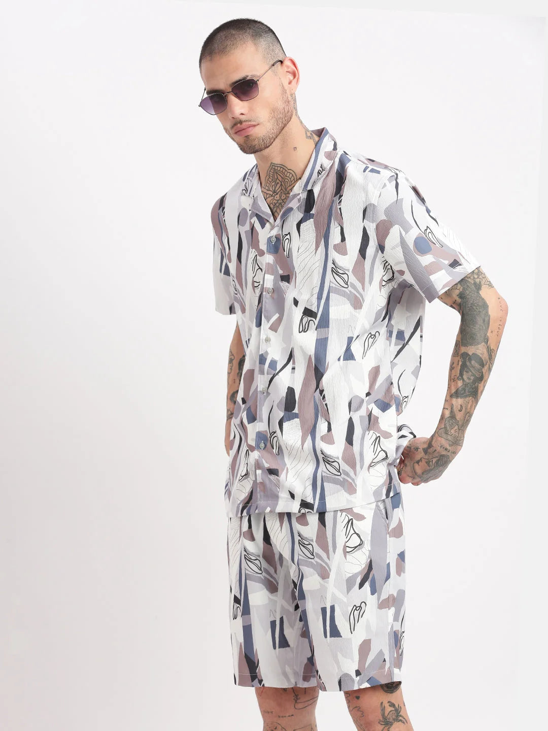 Men's Abstract Grey Co-Ord Set | Cuban Collar | Showoff