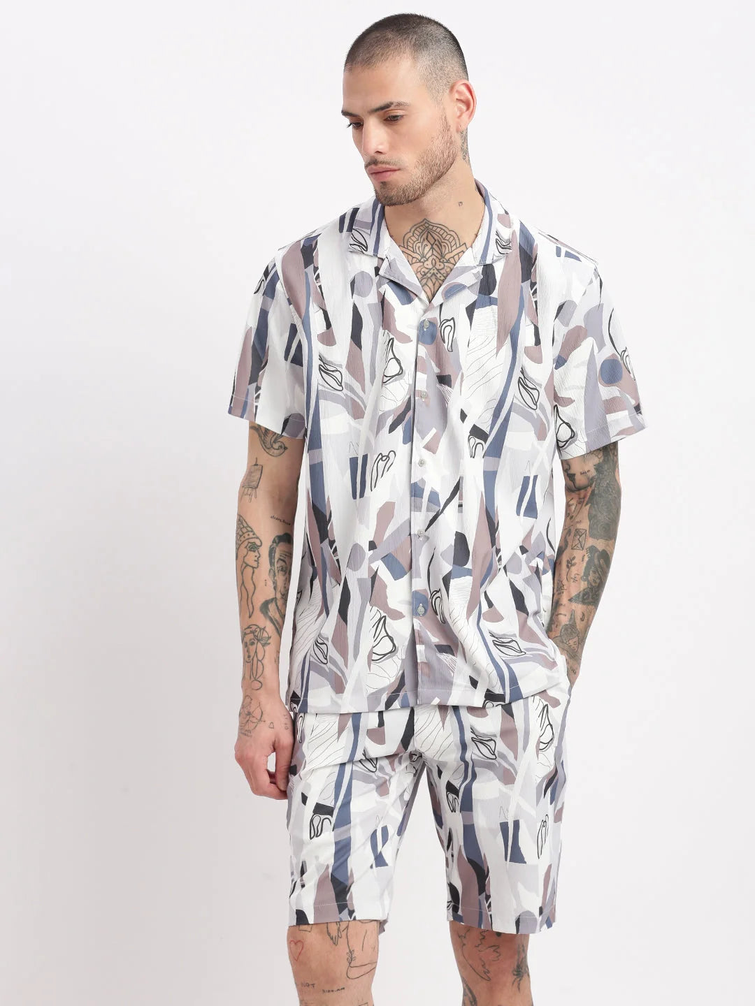 Men's Abstract Grey Co-Ord Set | Cuban Collar | Showoff
