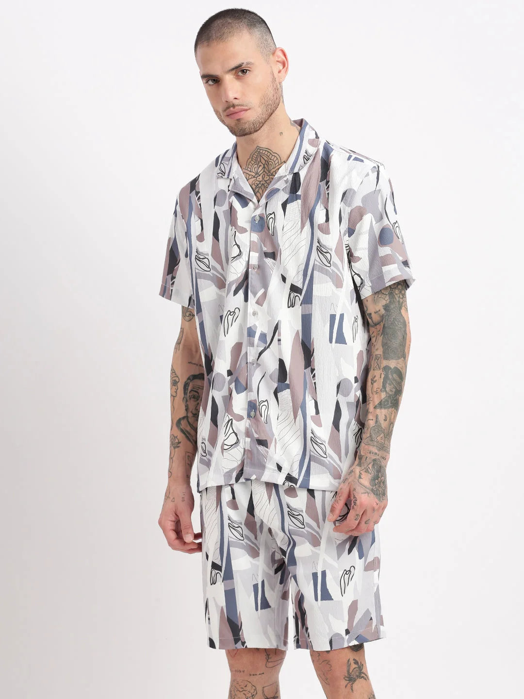 Men's Abstract Grey Co-Ord Set | Cuban Collar | Showoff