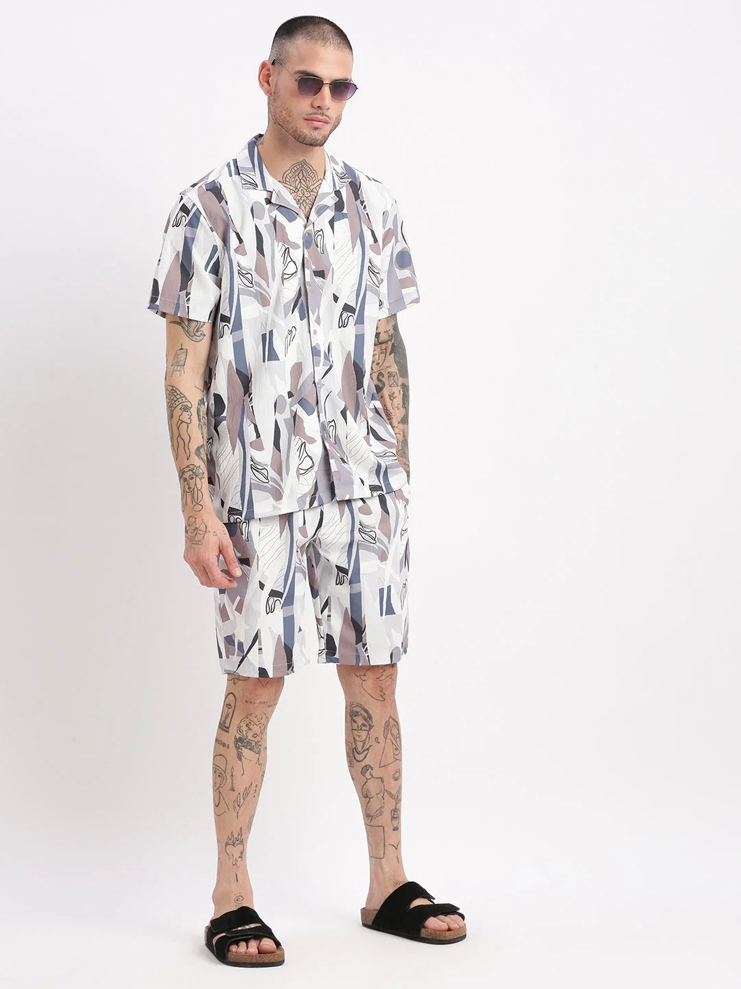 Men's Abstract Grey Co-Ord Set | Cuban Collar | Showoff