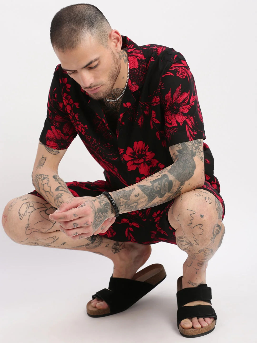 Mens Floral Black Co Ord Sets | Cuban Collar Two Piece Set
