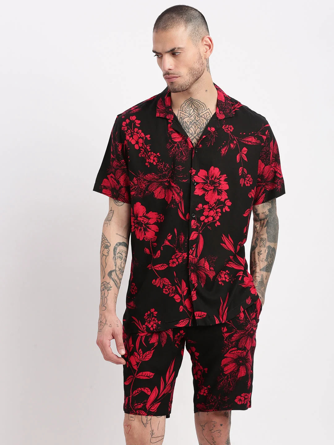 Mens Floral Black Co Ord Sets | Cuban Collar Two Piece Set