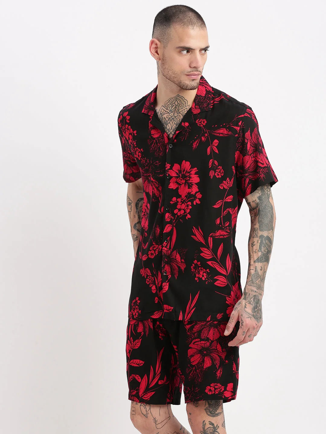 Mens Floral Black Co Ord Sets | Cuban Collar Two Piece Set
