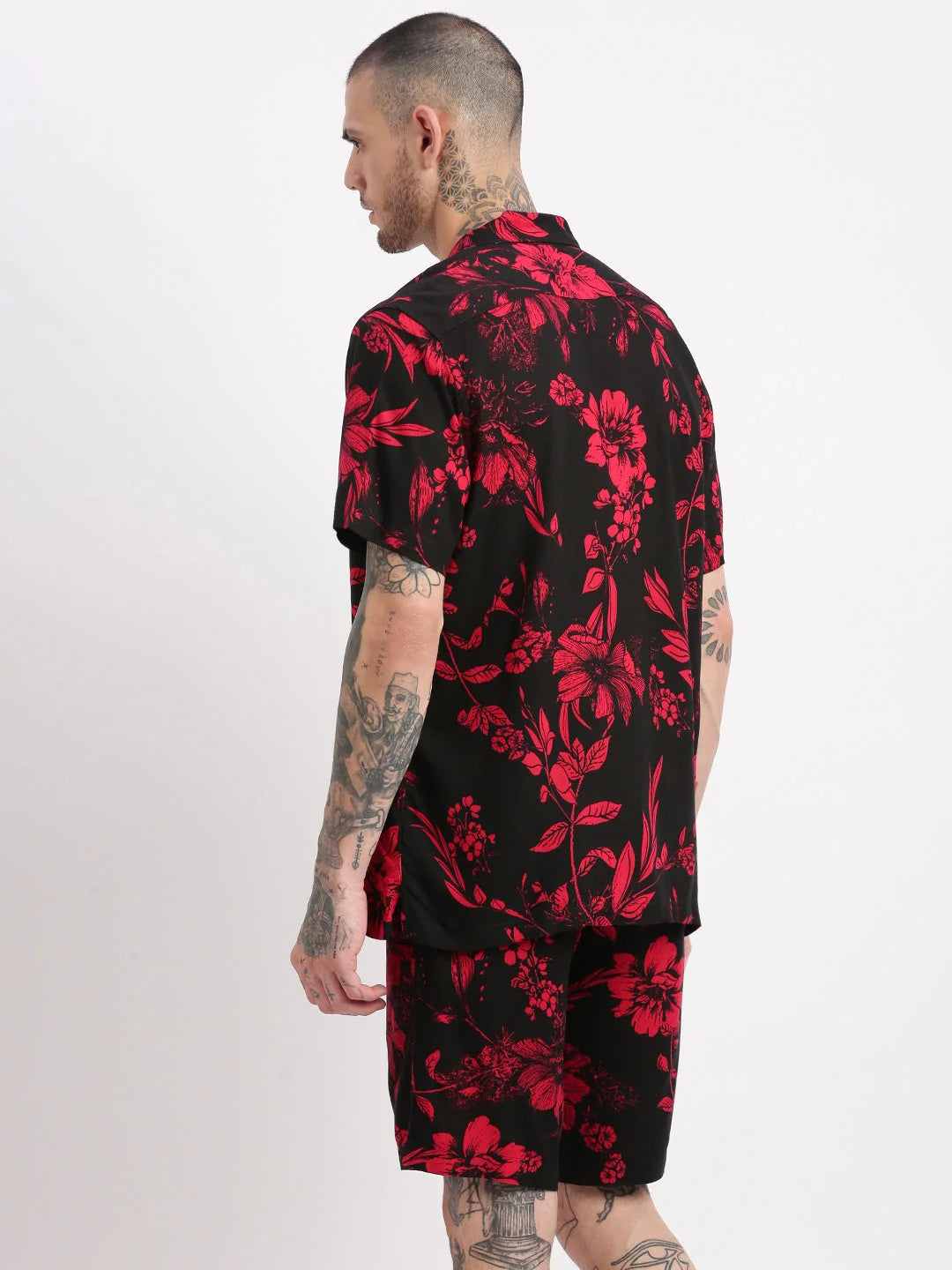Mens Floral Black Co Ord Sets | Cuban Collar Two Piece Set