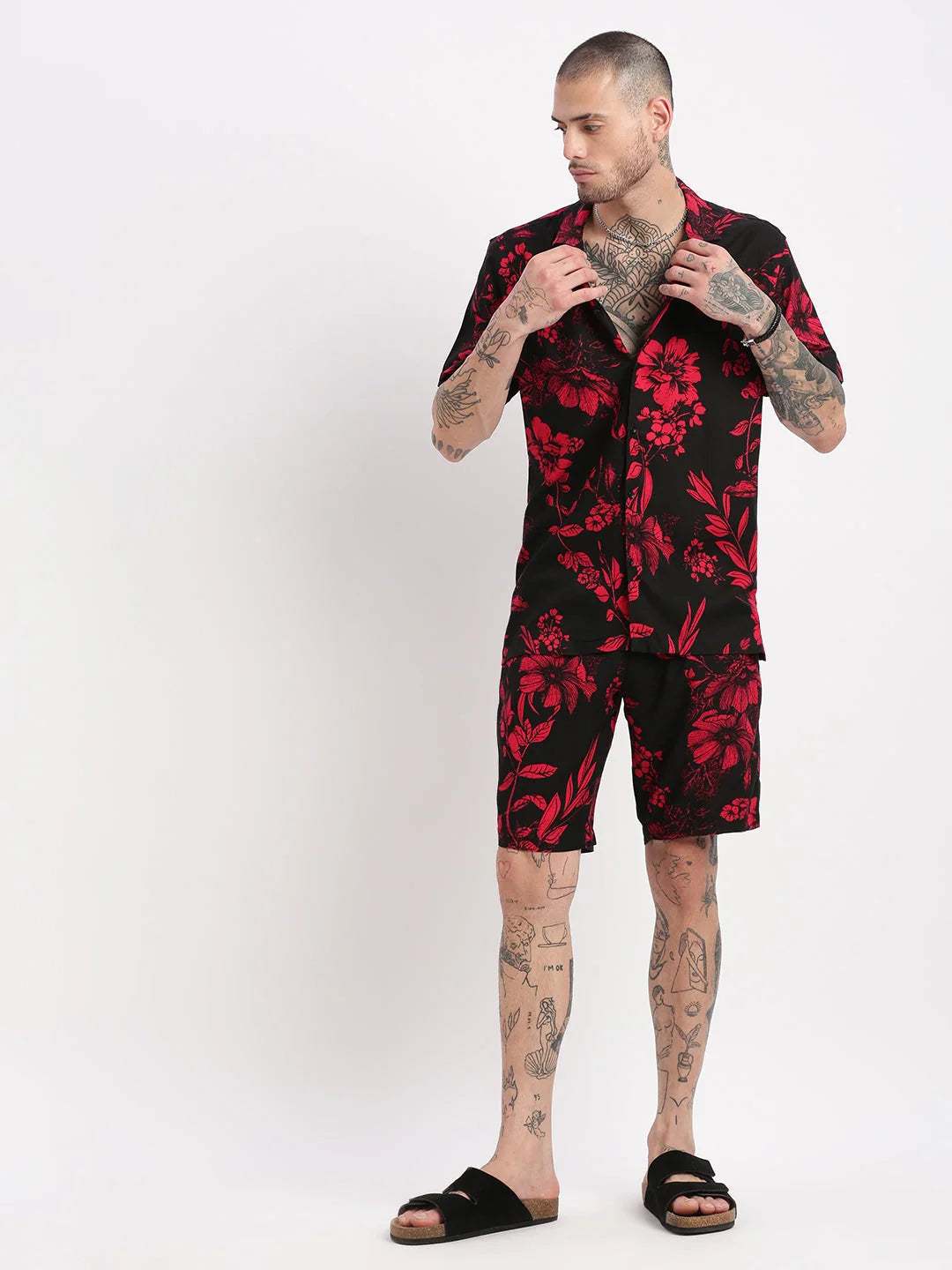 Mens Floral Black Co Ord Sets | Cuban Collar Two Piece Set