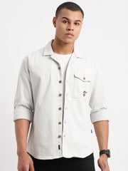 Men Cuban Collar Solid White Oversized Shacket Shirt-JoloJacket-5452-White