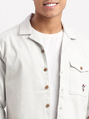 Men Cuban Collar Solid White Oversized Shacket Shirt-JoloJacket-5452-White