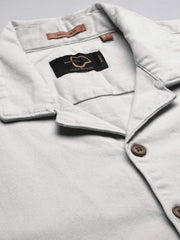 Men Cuban Collar Solid White Oversized Shacket Shirt-JoloJacket-5452-White