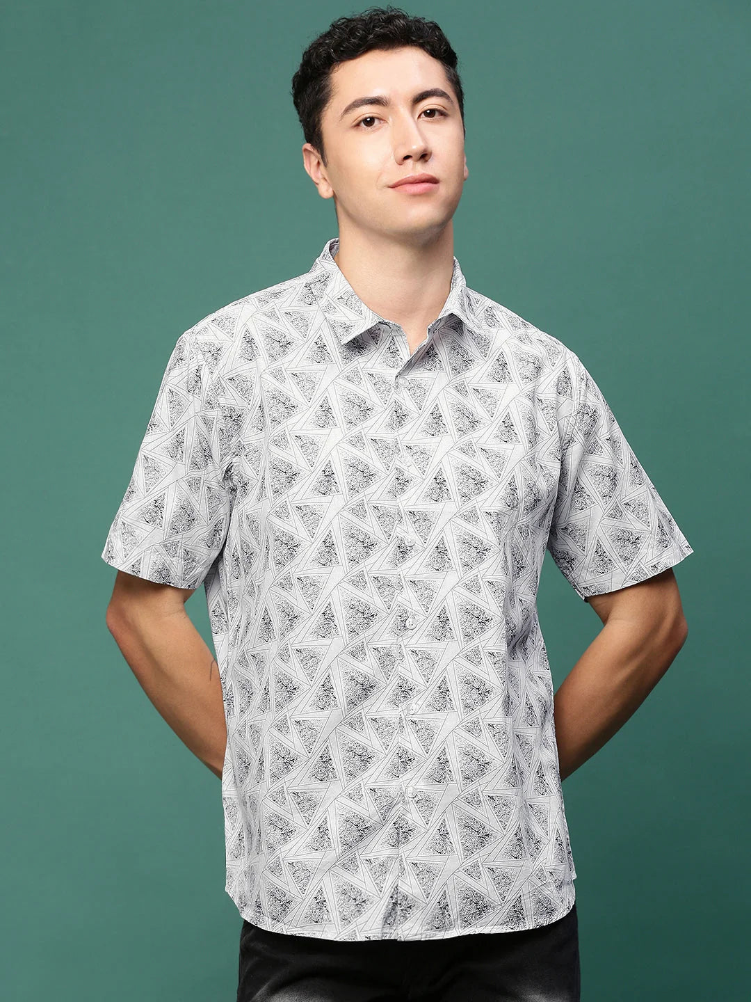 White Geometric Slim Fit Cotton Mens Shirt | Printed Shirt