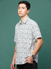 Men White Geometric Slim Fit Shirt-Joses-3264-White