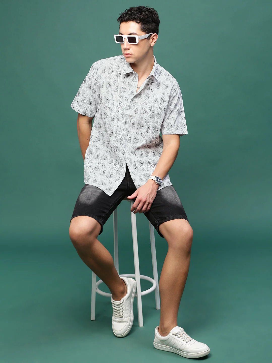 White Geometric Slim Fit Cotton Mens Shirt | Printed Shirt