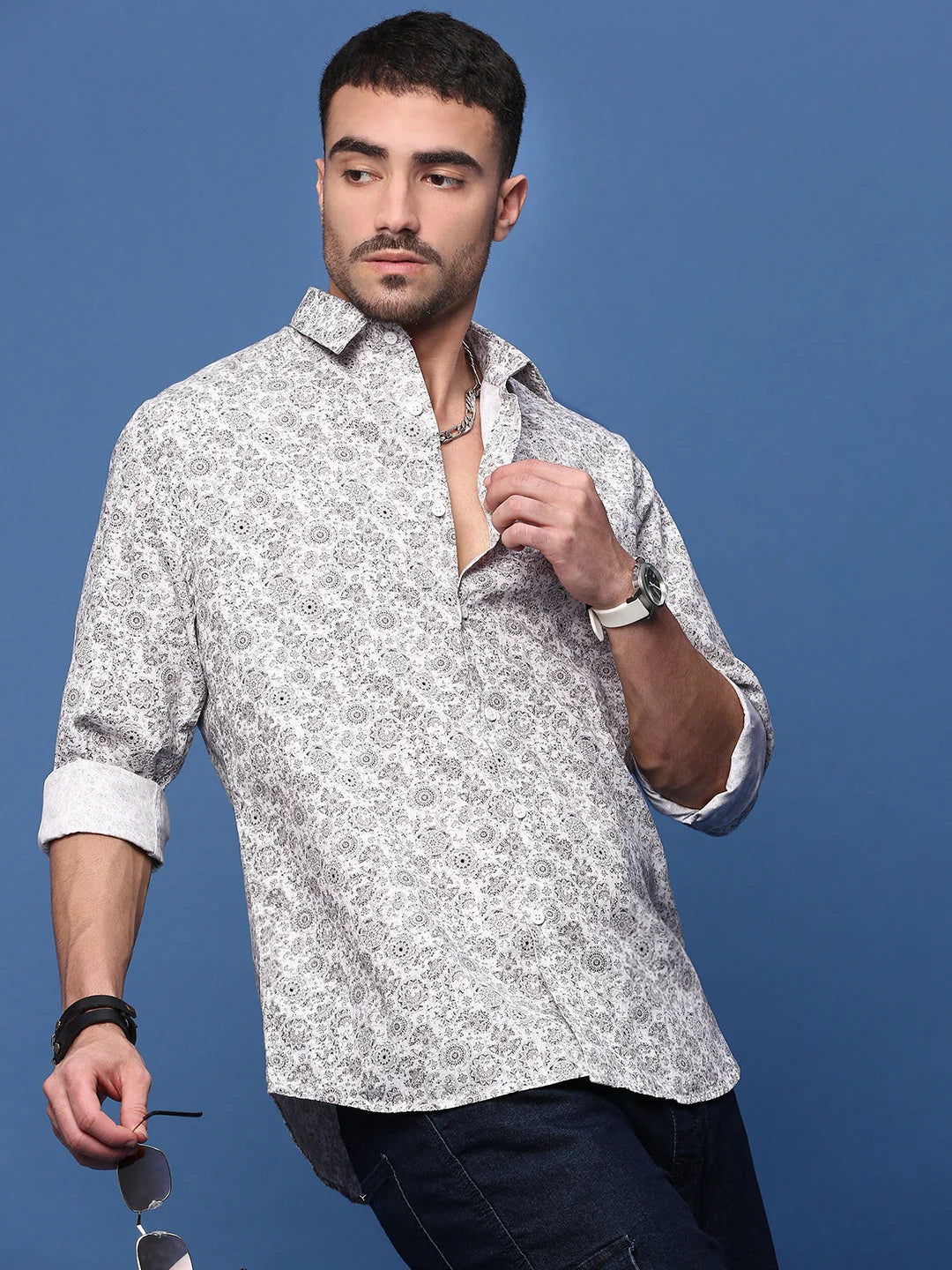 White Graphic Cotton Shirt - Slim Fit Mens Shirt | DesiQlo