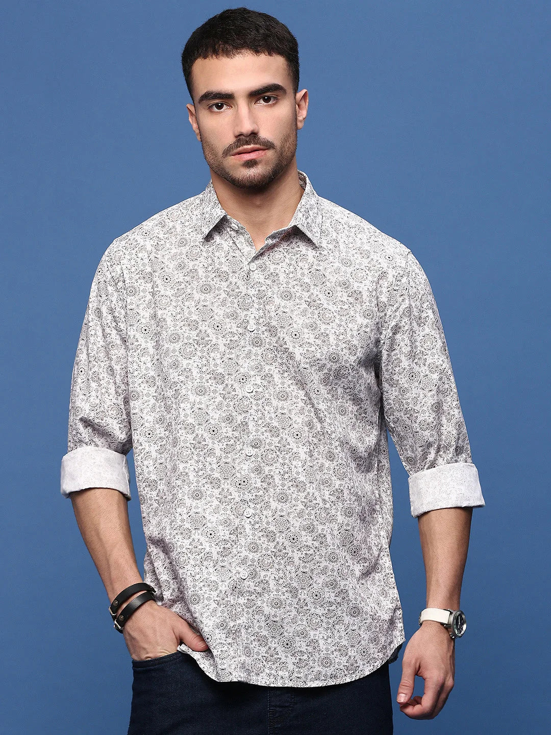 White Graphic Cotton Shirt - Slim Fit Mens Shirt | DesiQlo
