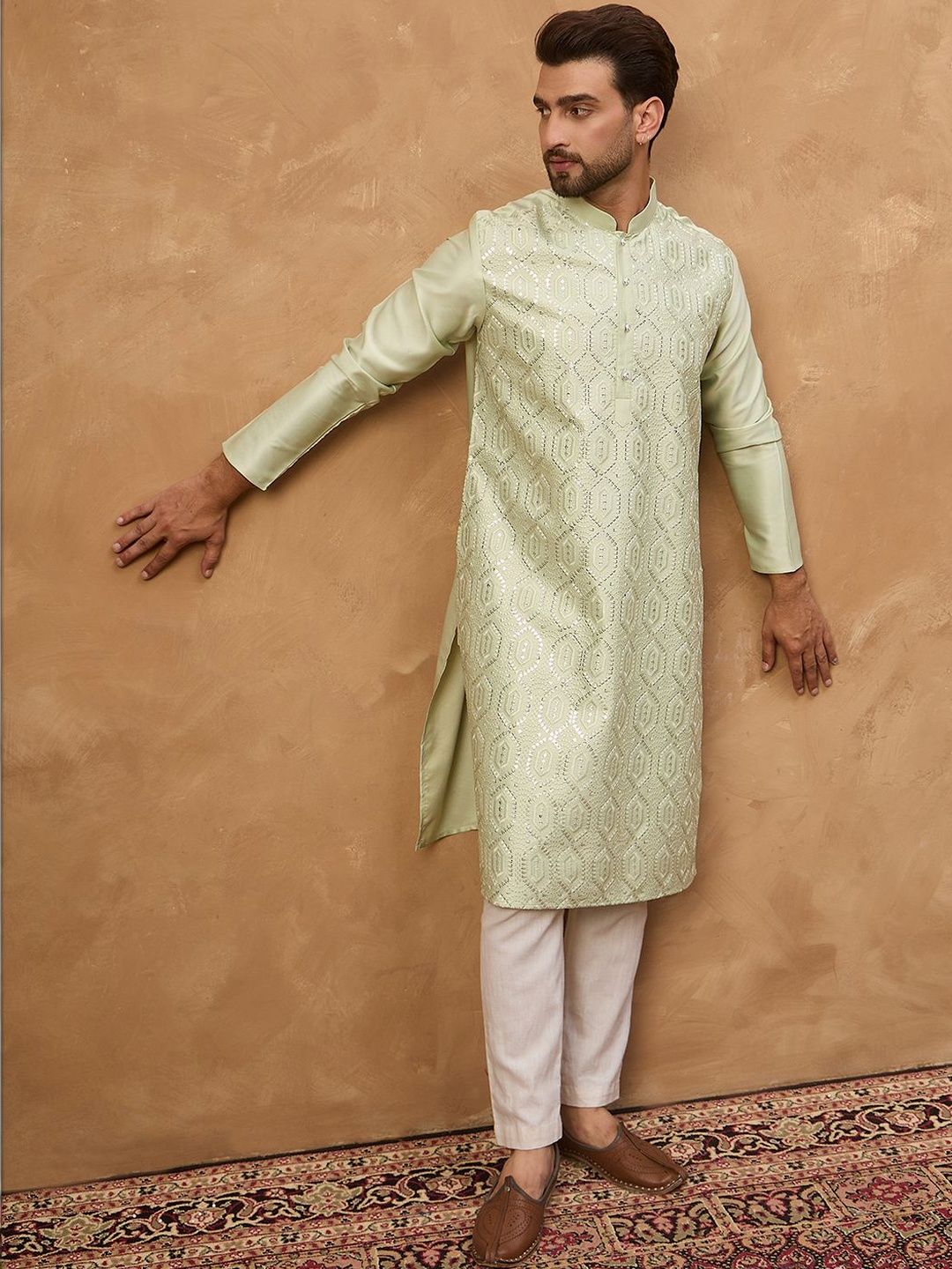 Ethnic Bay Men Peach Silk Blend Solid Embroidered Straight Kurta With Pant Set-MKSET1445