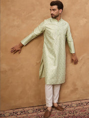 Ethnic Bay Men Peach Silk Blend Solid Embroidered Straight Kurta With Pant Set-MKSET1445