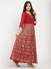 Maroon Georgette Gold Foil Print Flared Kurta with Dupatta-AHKUDU-COMBO-392