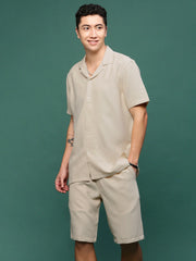 Men Beige Cuban Collar Solid Co Ords Set-Judah-3228-Beige