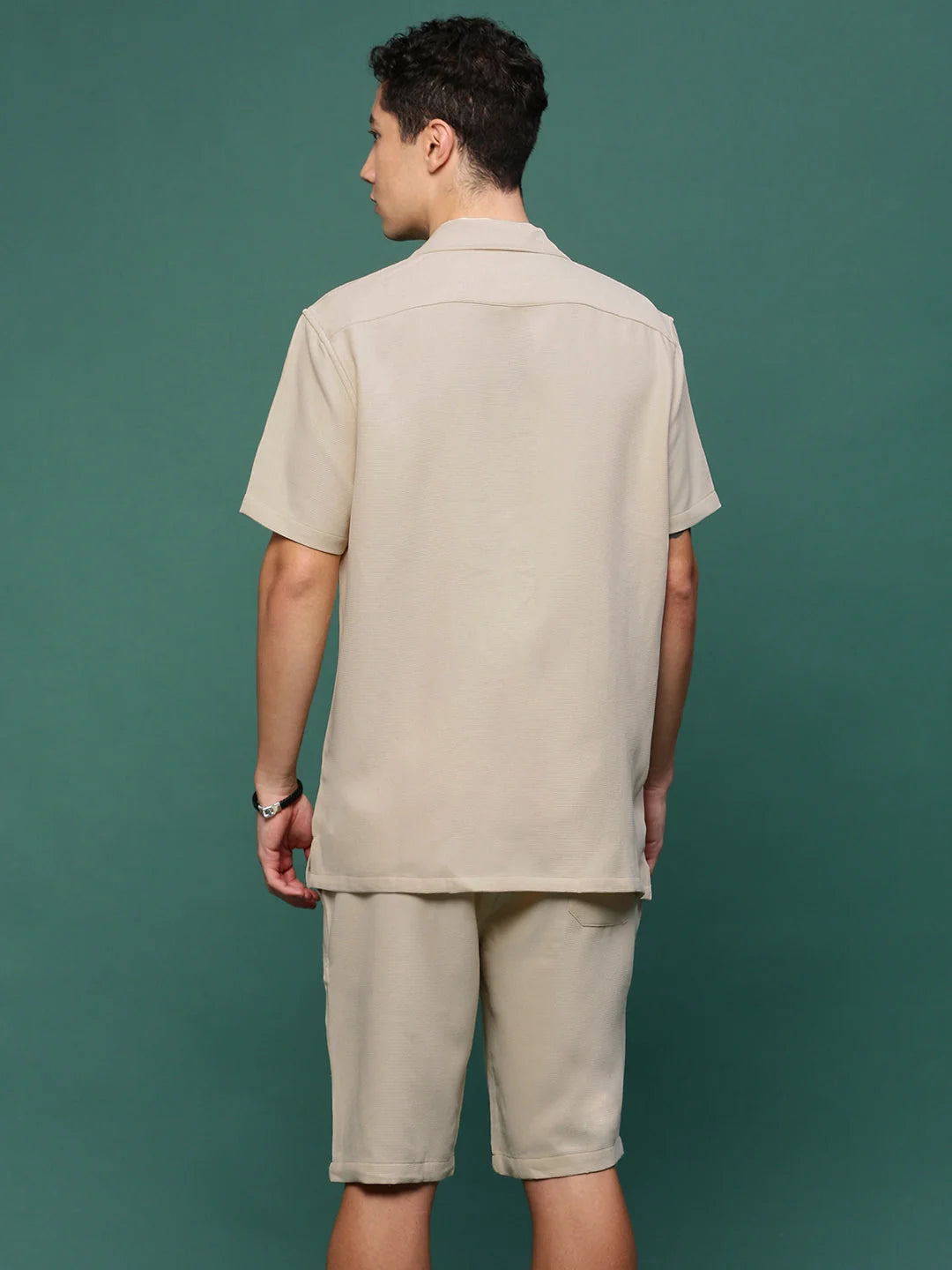 Men's Beige Solid Co Ord Set | Cuban Collar, Cotton Co Ords