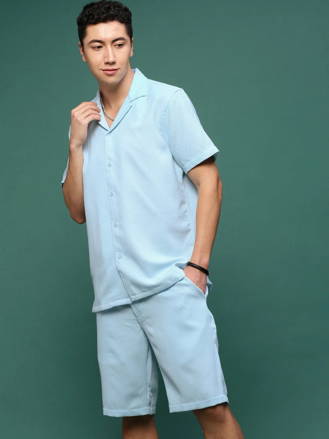Blue Cuban Collar Co Ord Sets for Men | Solid Cotton Two Piece