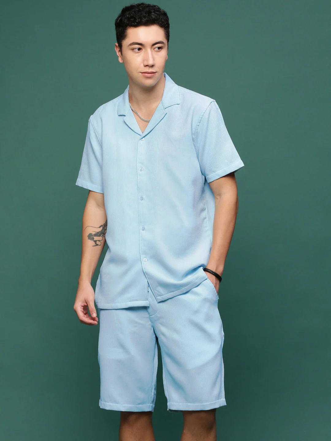 Blue Cuban Collar Co Ord Sets for Men | Solid Cotton Two Piece