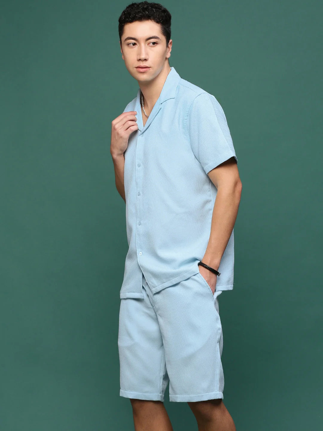 Blue Cuban Collar Co Ord Sets for Men | Solid Cotton Two Piece