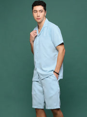 Men Blue Cuban Collar Solid Co Ords Set-Judah-3229-Blue